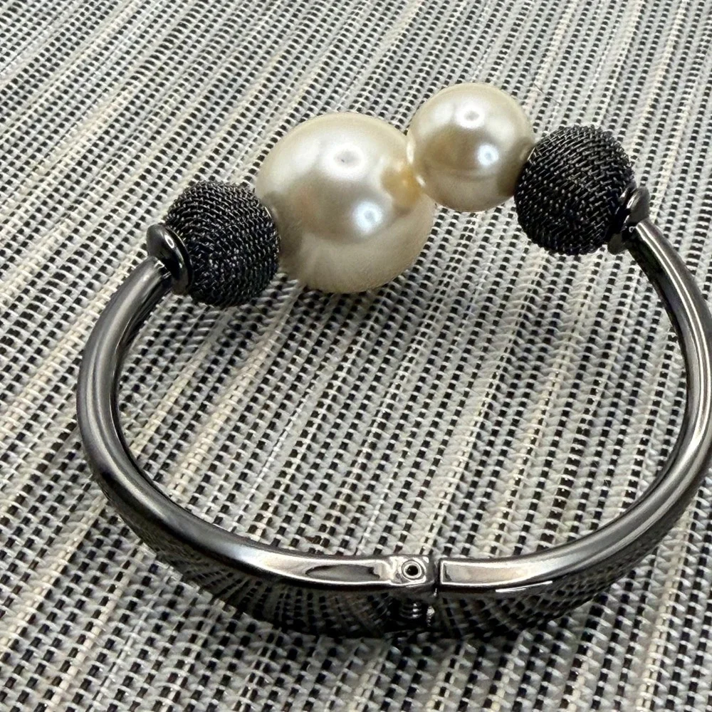 Gunmetal Faux Pearl Hinged Cuff Bracelet Black Mesh Bead Asymmetrical Statement